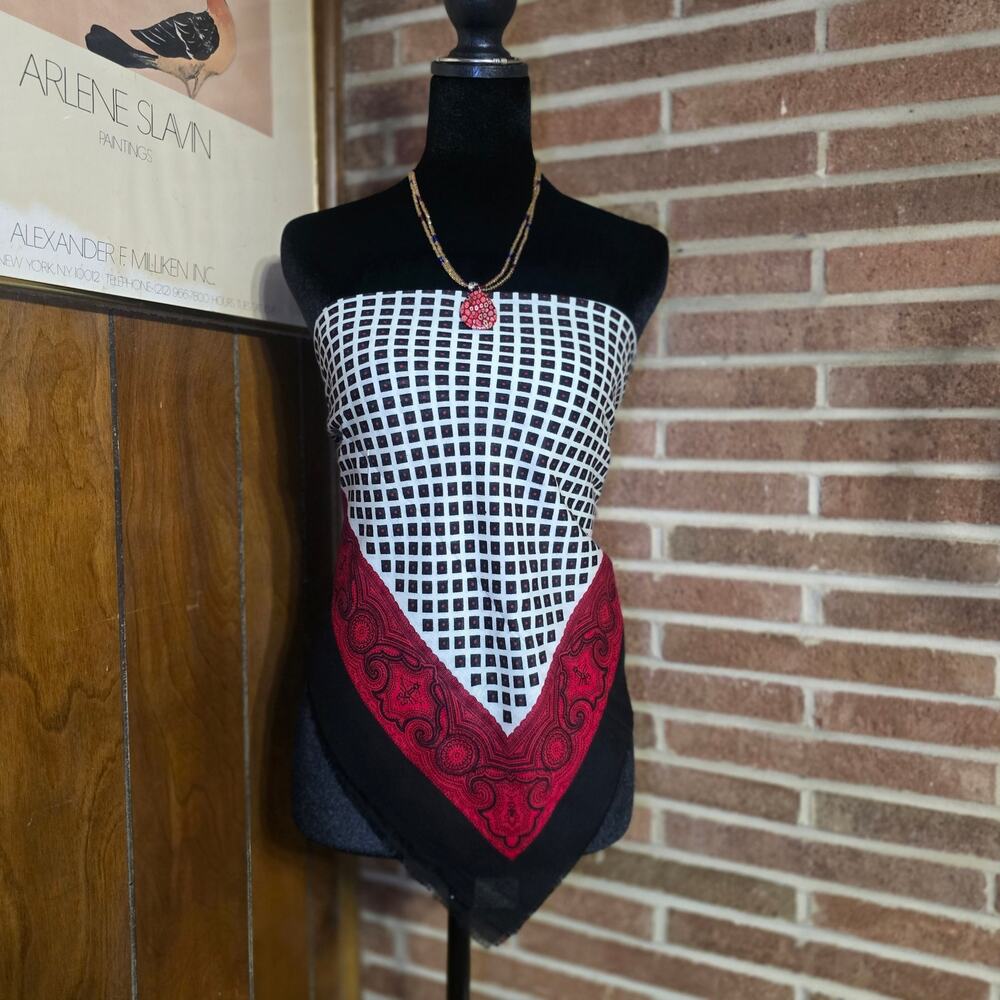 Vintage Glentex Acrylic Square Scarf Red Black Geometric Paisley Made In Japan